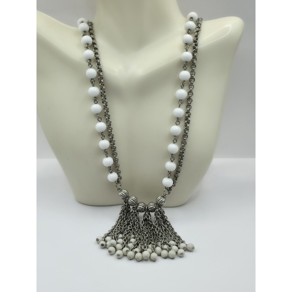 White Glass Bead 2 Strand Chain Fringe/Tassel Flapper Pendant Necklace 20"